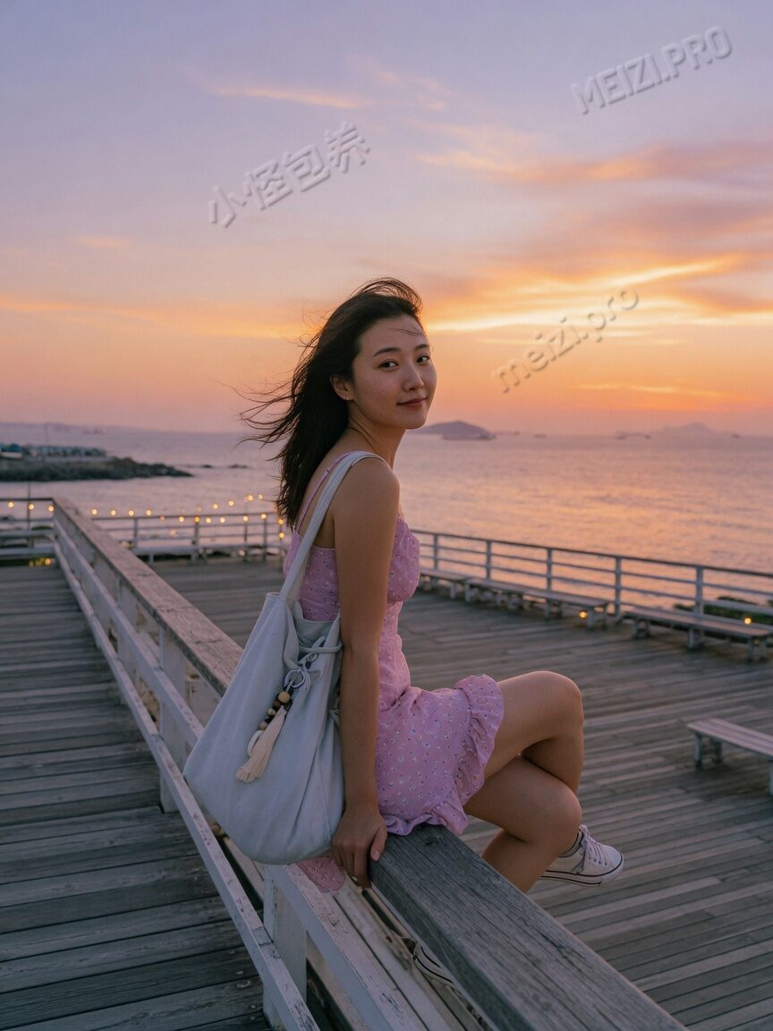 海风栏杆旁半侧身回望的女生写真，胶片旅行感