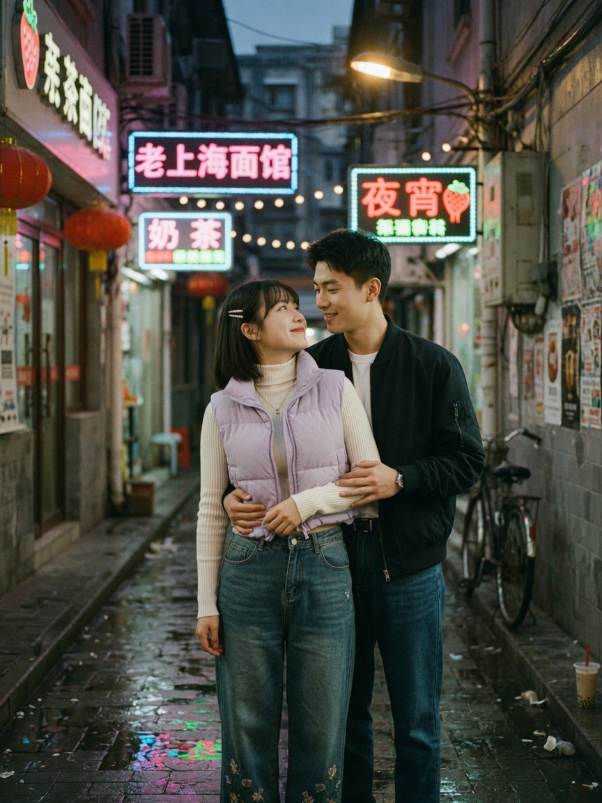 街边背后抱的情侣胶片感写真,85mm 浅景深