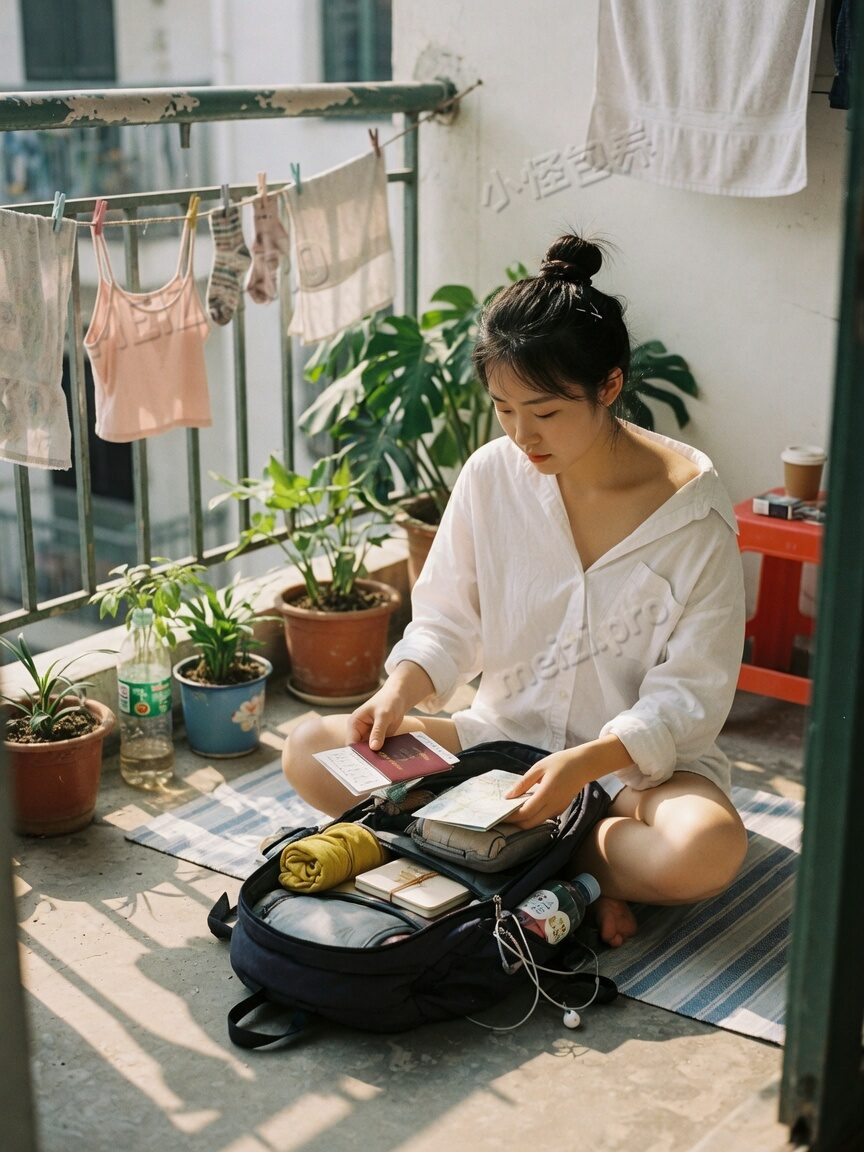 阳台晨光里整理行李的女生写真
