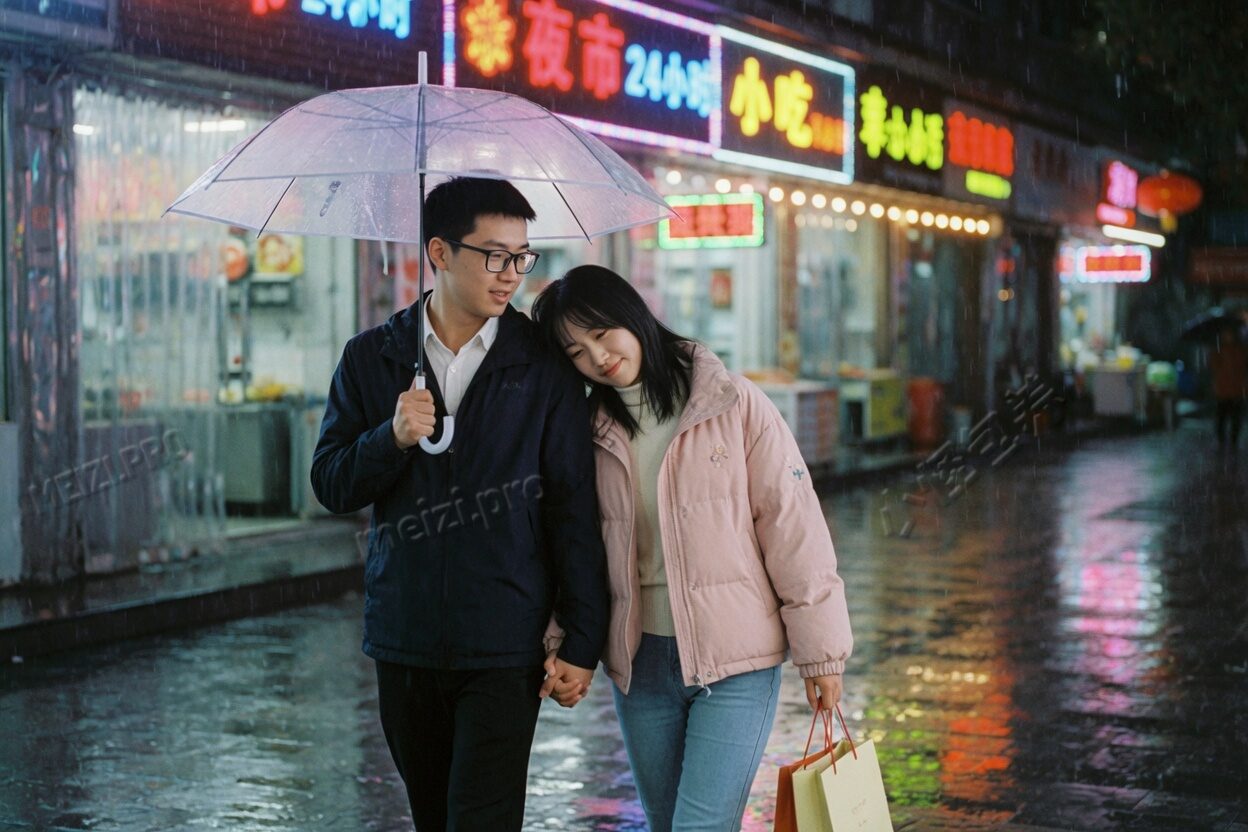 雨夜牵手街拍