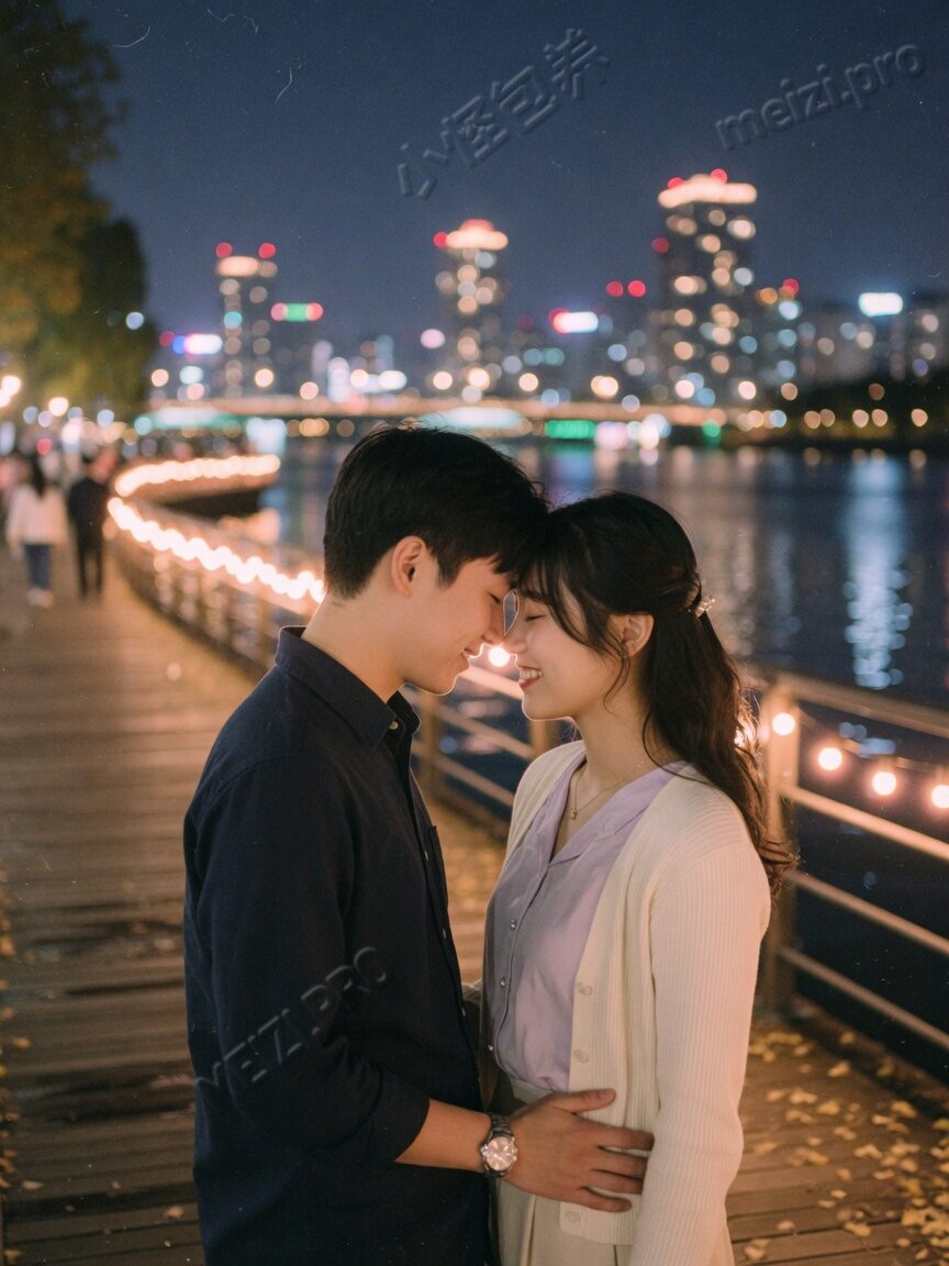 夜景额头相抵的情侣 pose,陪伴感