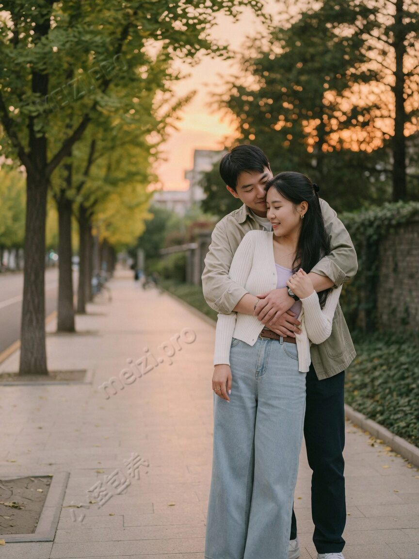 情侣背后抱 pose，黄昏街拍 candid，胶片 85mm