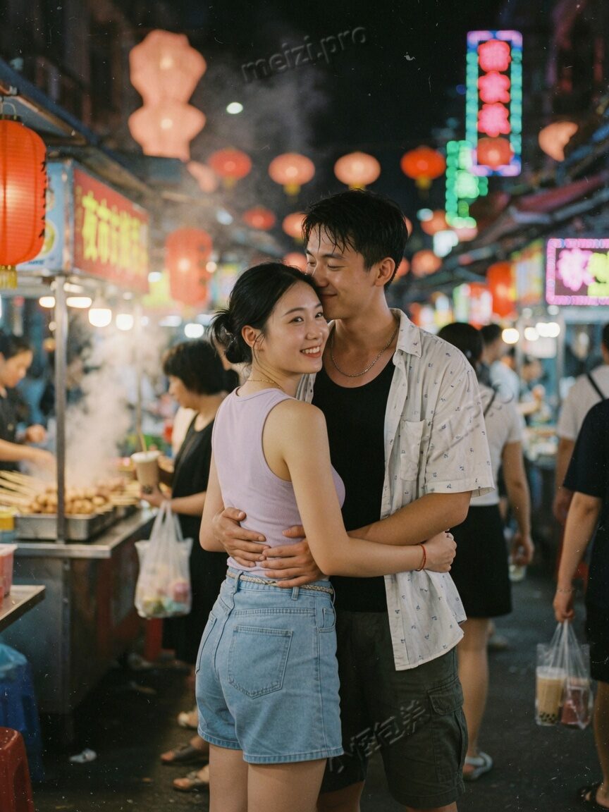 街头夜景下的情侣背抱，胶片感