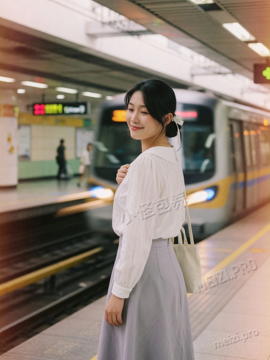 地铁站回眸的甜美写真，胶片颗粒与通勤光