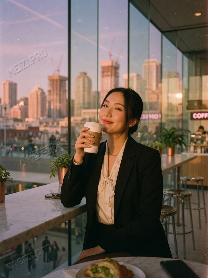 职场感女生写真：商场中庭侧脸举杯