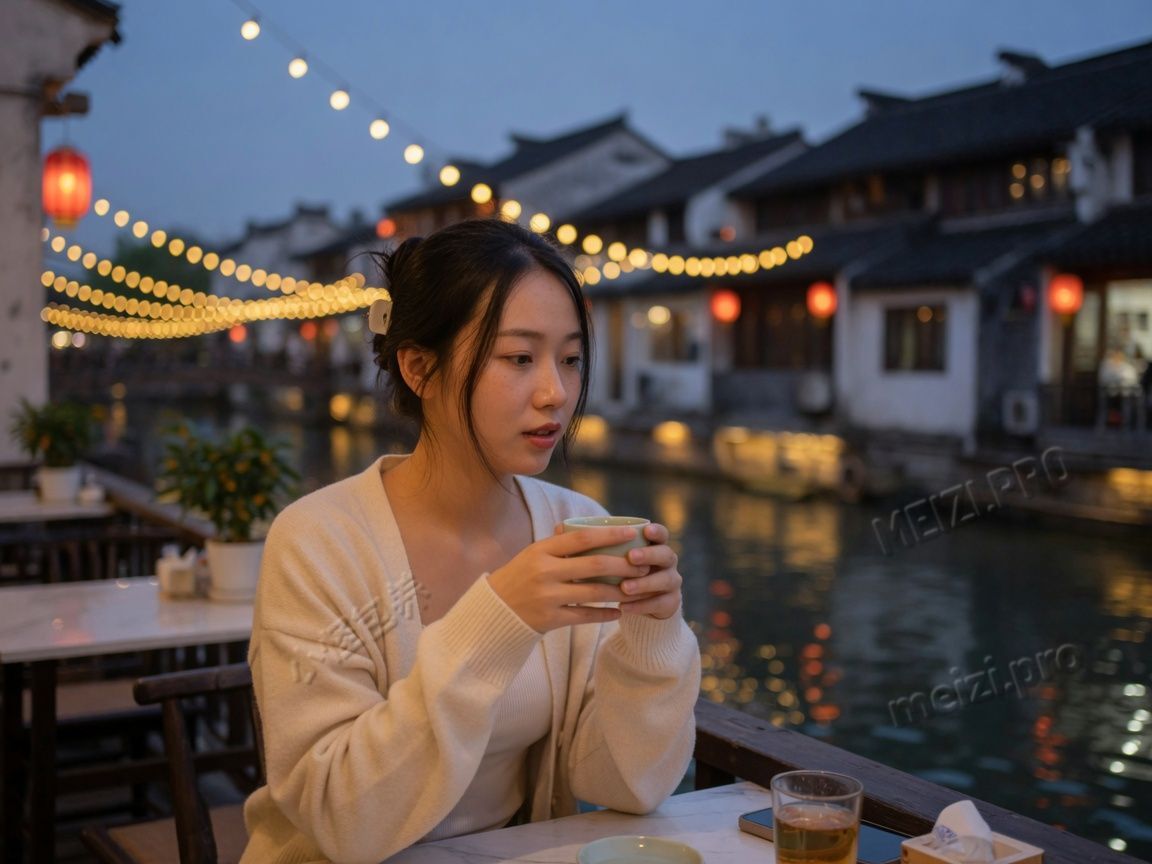 水乡咖啡馆里安静坐着的年轻女生,傍晚侧脸