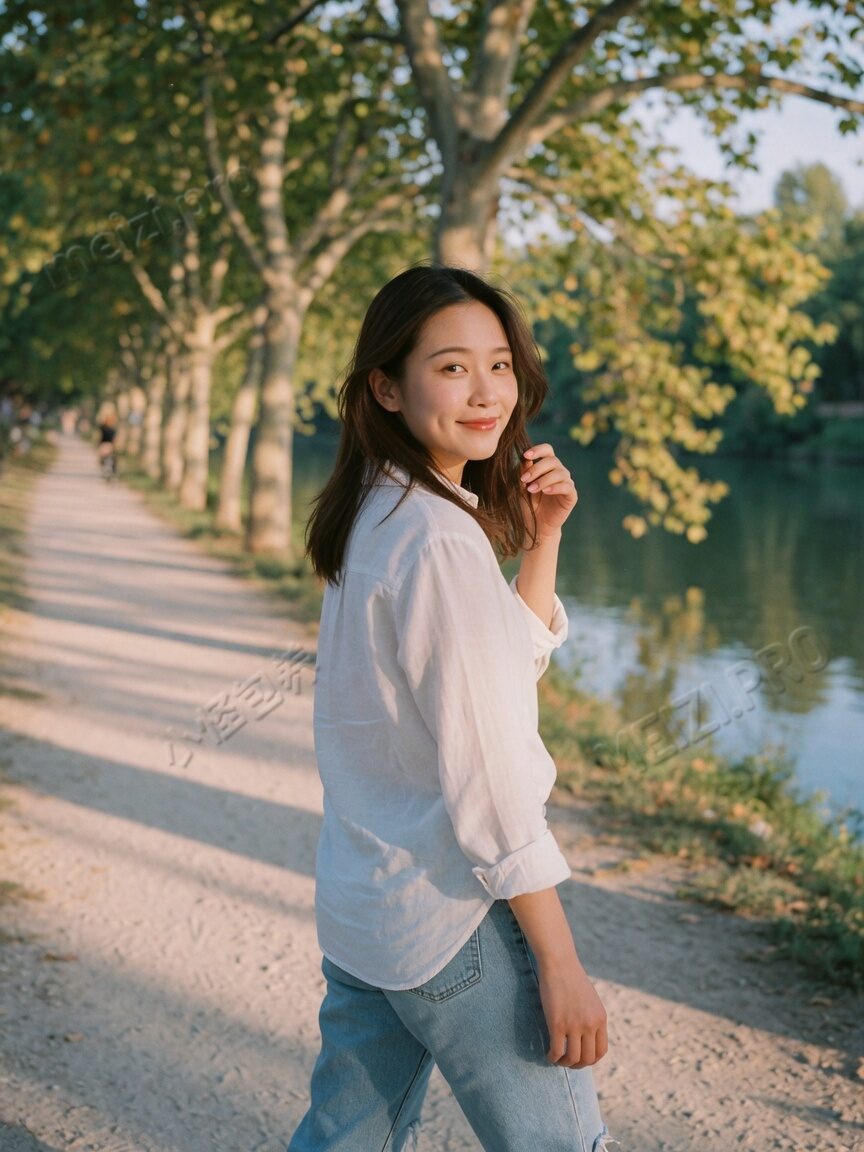 河边回眸的女生写真