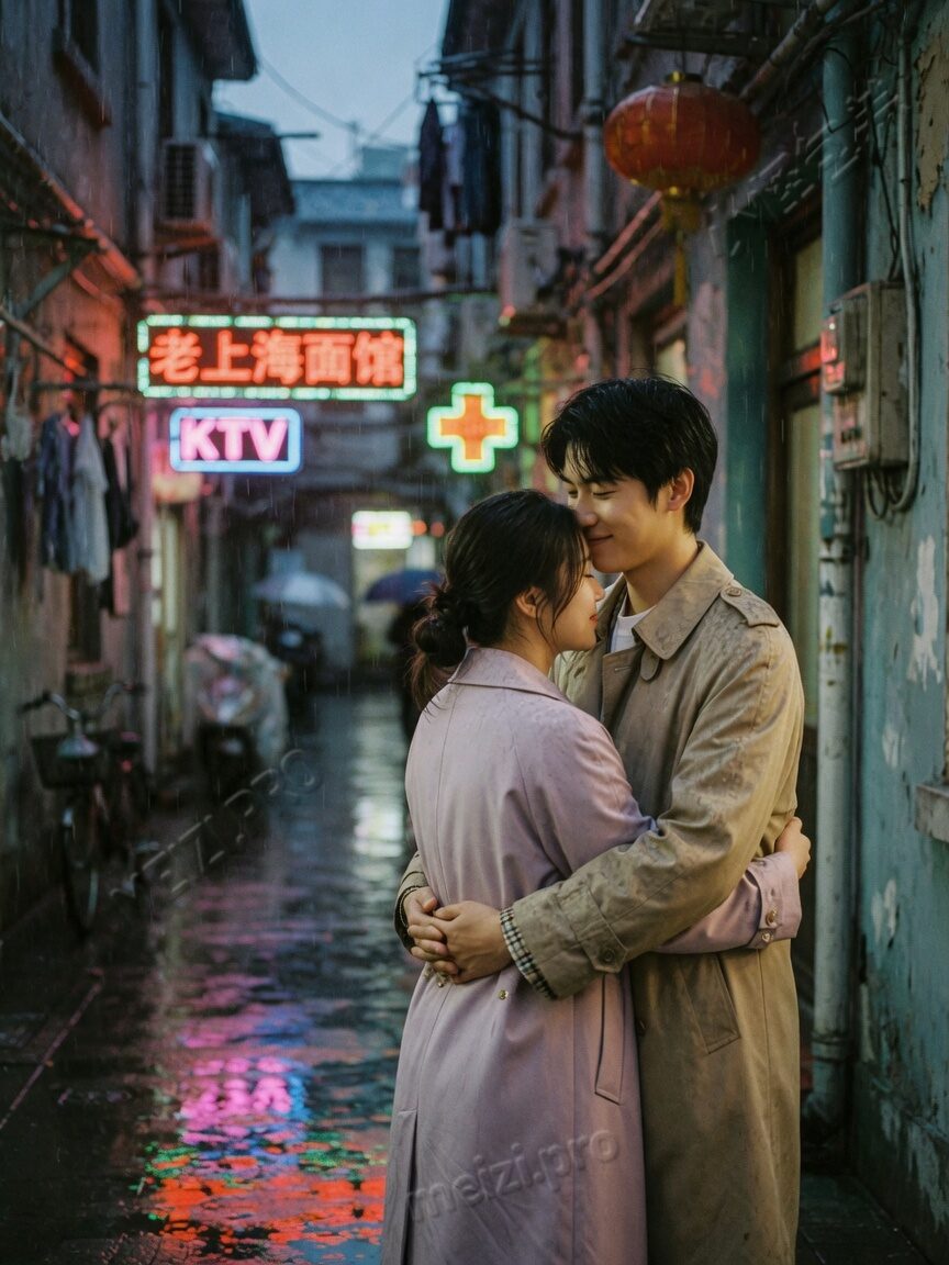 雨巷背后抱的情侣街拍,小红书胶片感