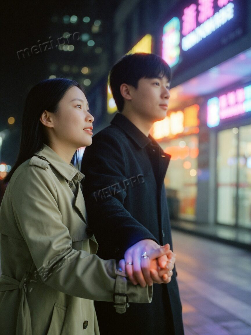 夜景霓虹下牵手并排的情侣街拍