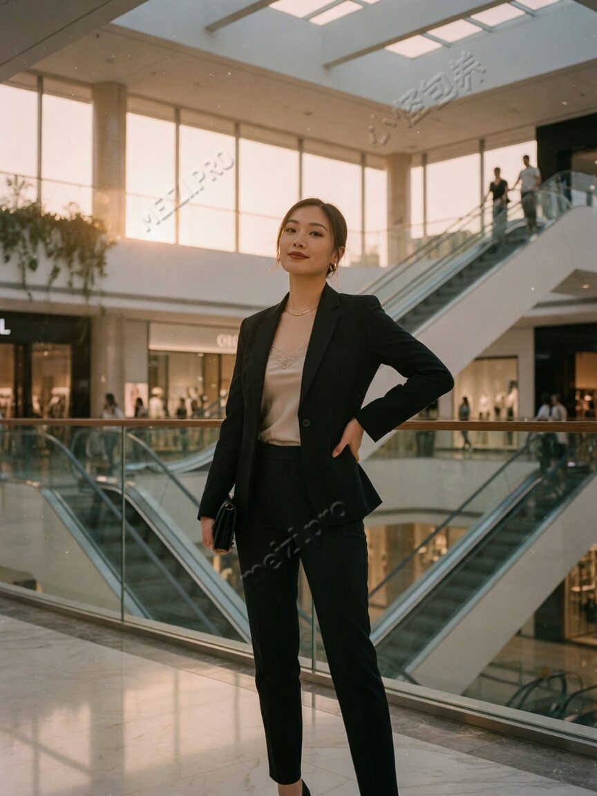 职场感女生商场中庭插腰站立