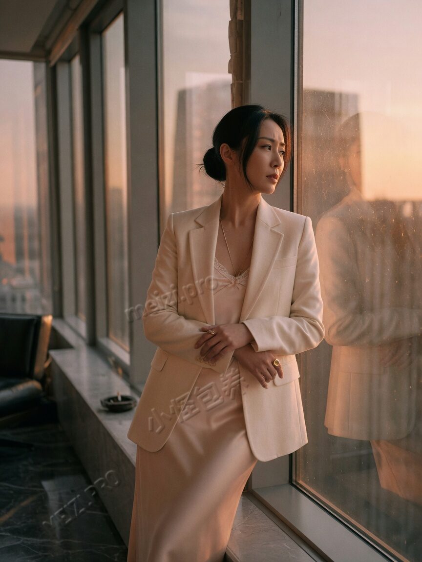 落地窗边侧身沉思的女生写真,逆光胶片质感