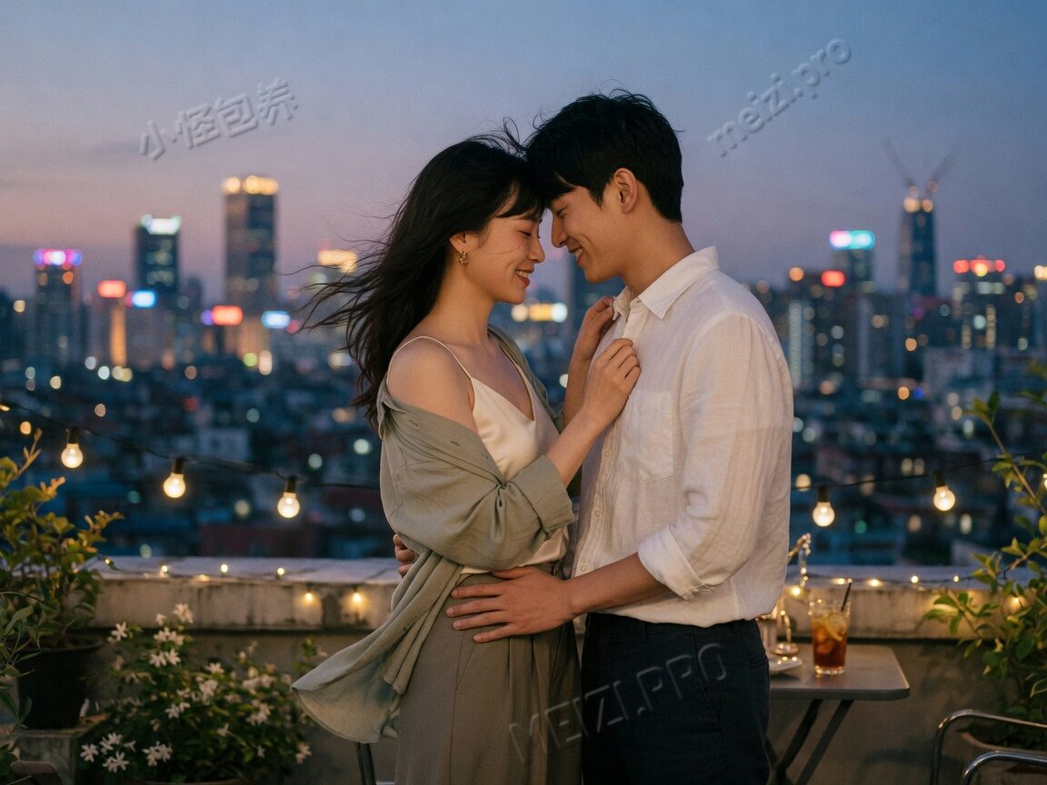 天台黄昏额头相抵的情侣拍照 pose,城市虚化背景