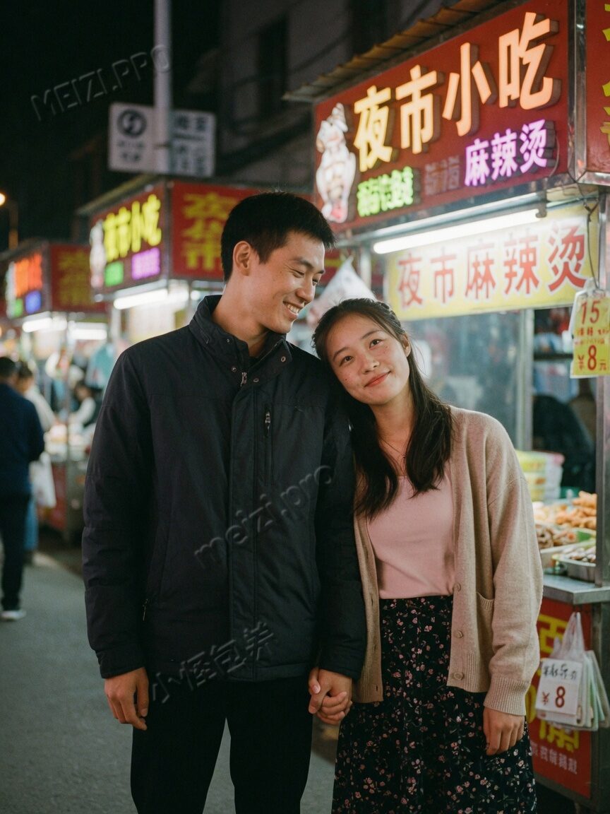 夜市灯箱前牵手并肩