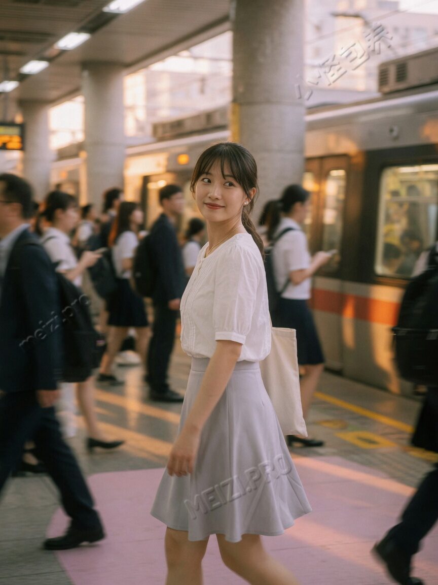地铁站回眸的甜美写真