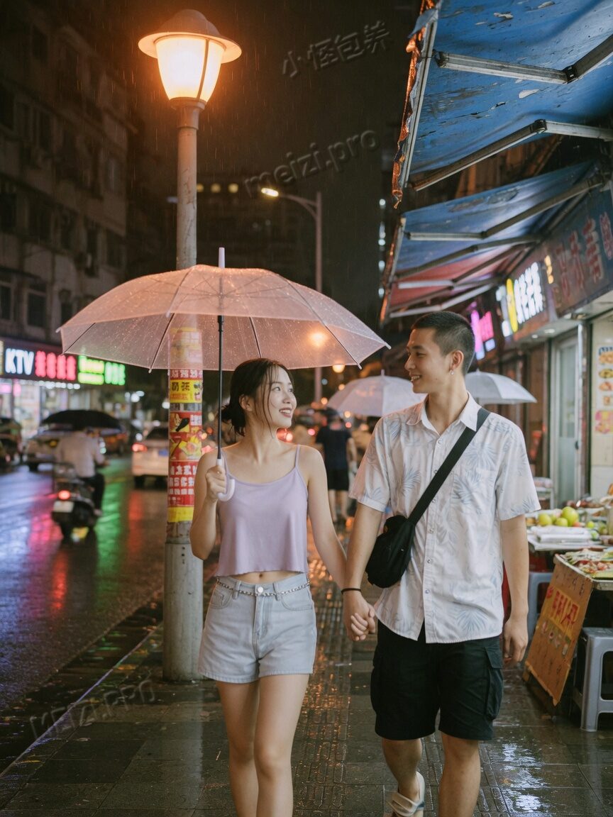 雨夜牵手走在街道的情侣