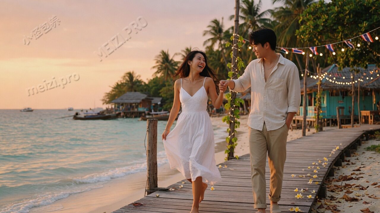 海边情侣牵手行走 黄金时刻 小红书旅行感