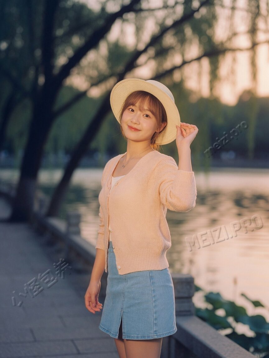 湖边回眸的甜美侧影