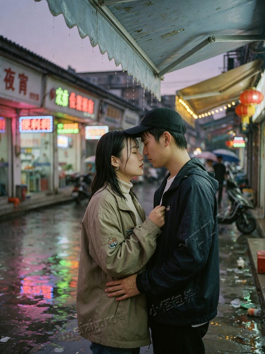 雨后店招下额头轻抵的情侣