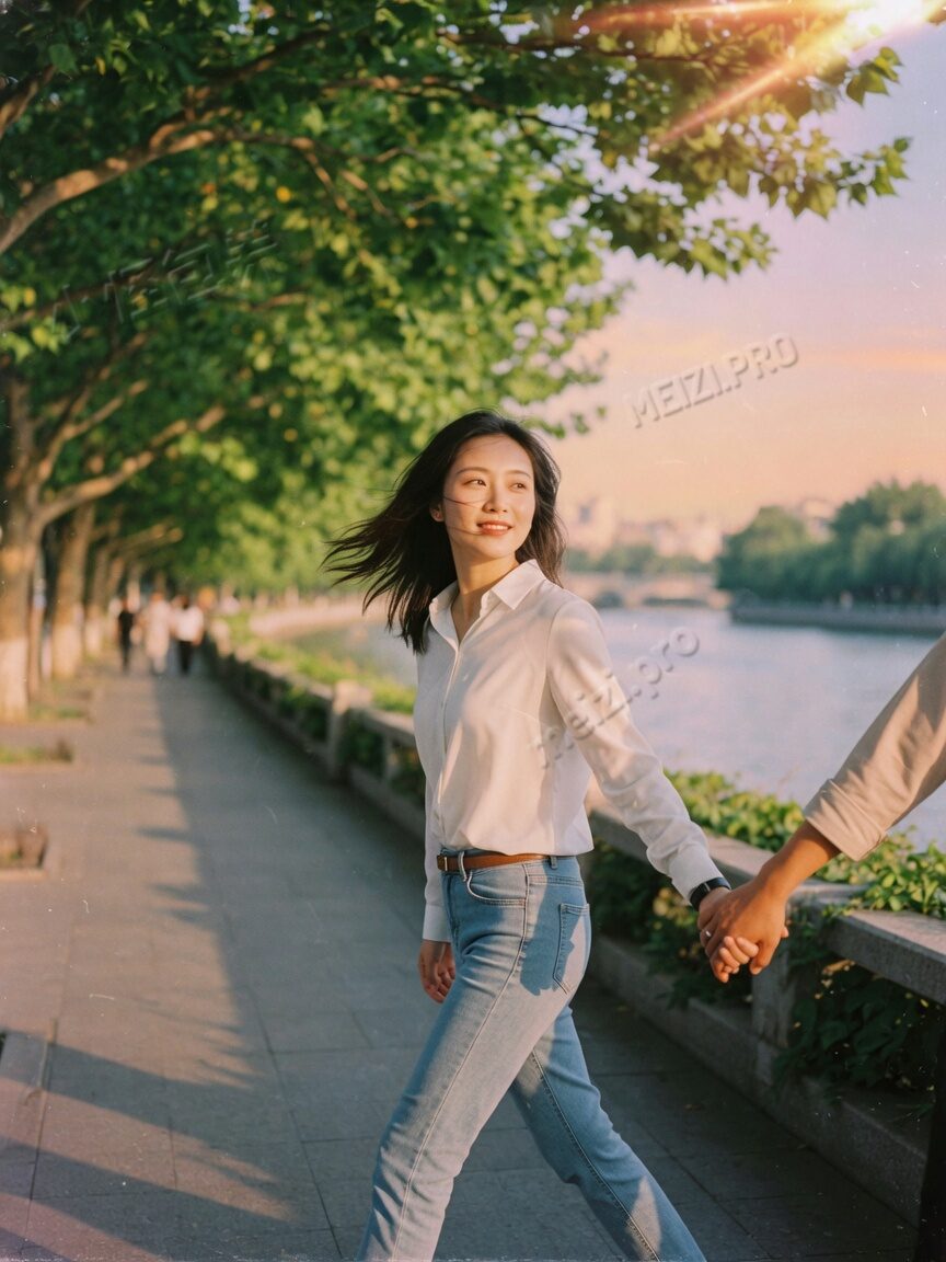 河边步道牵手街拍，胶片感