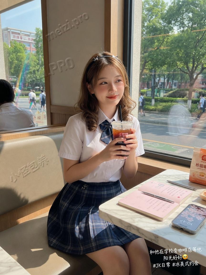 咖啡店窗边的JK制服感女孩，侧光与浅笑