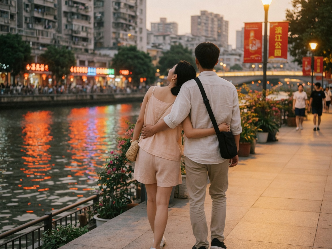 河边背抱的情侣街拍