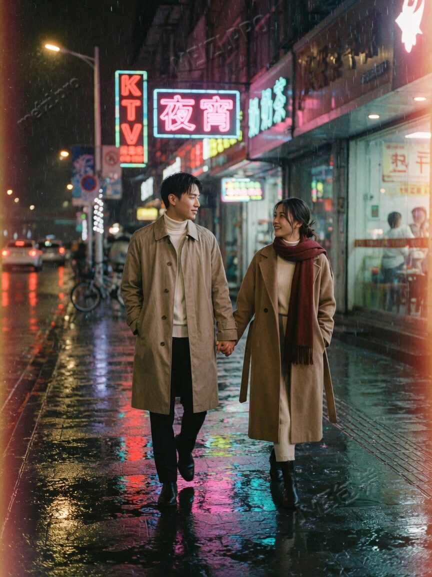 夜雨街头牵手的胶片感街拍，像认真找关系时最常见的陪伴想象