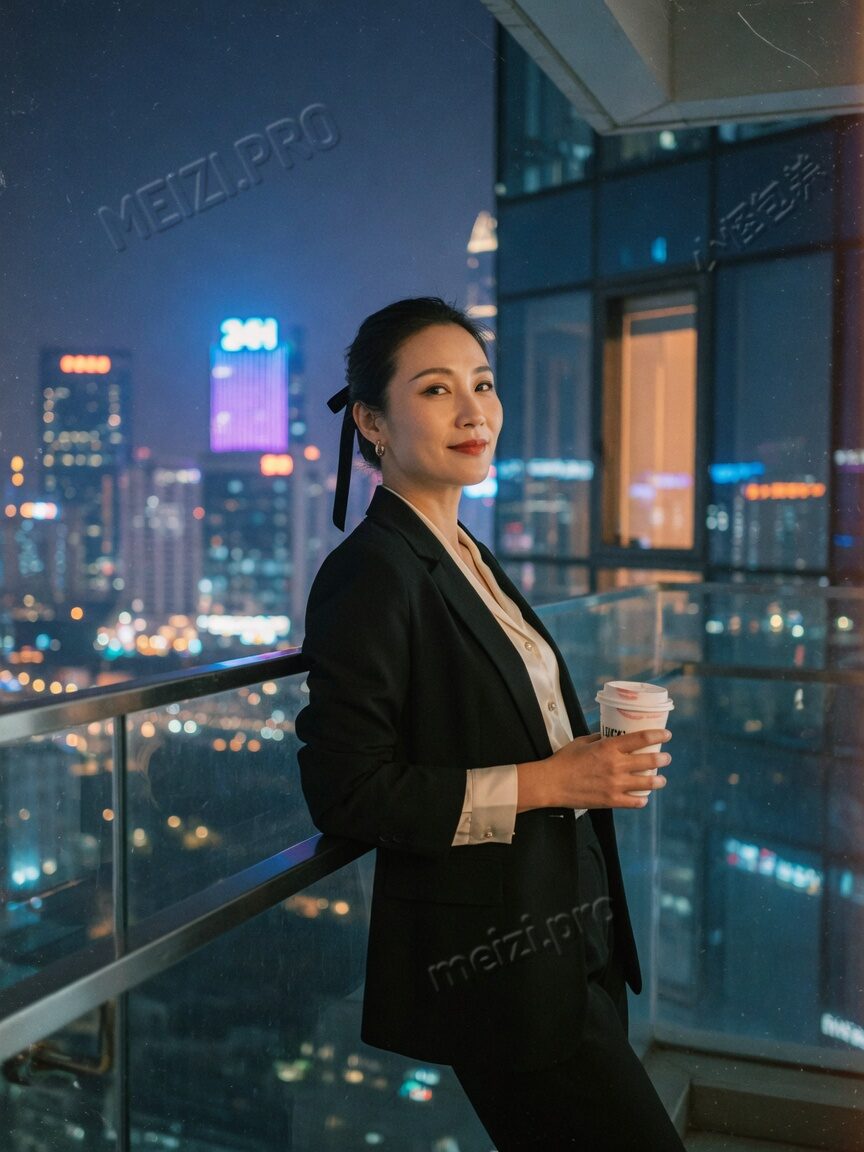 高楼夜景职场气质侧身回眸