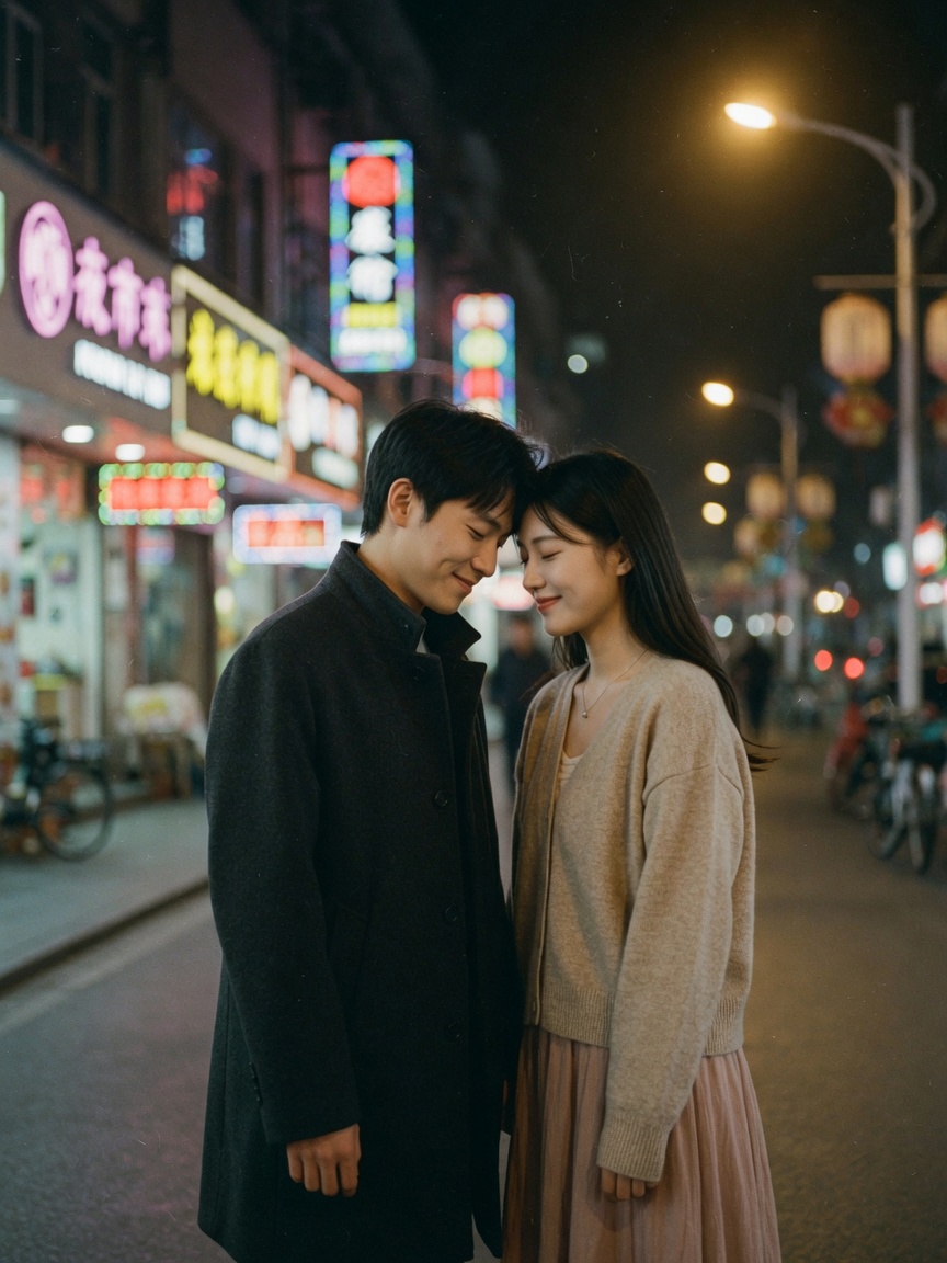 情侣额头相抵·夜景步行街