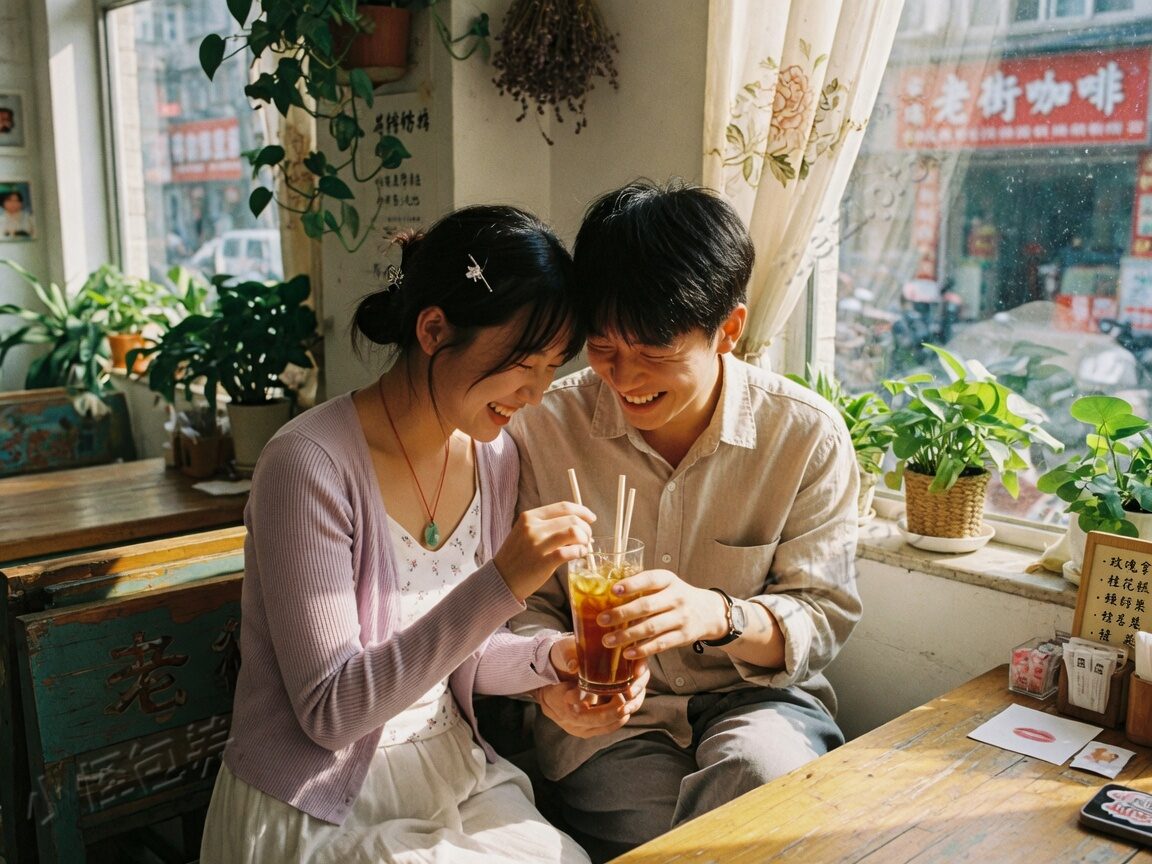 咖啡馆窗边额头相抵的情侣pose,侧窗自然光