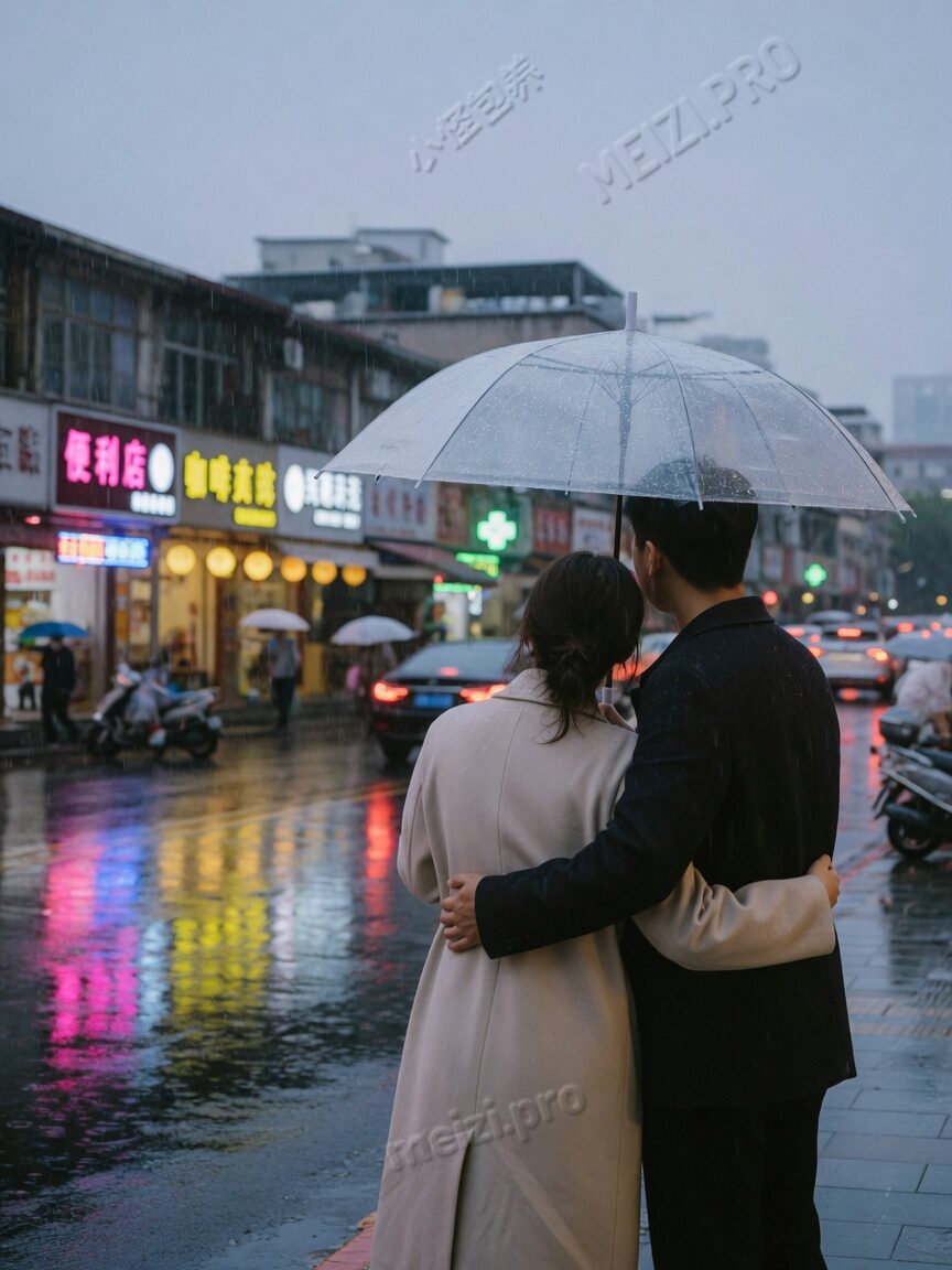 雨天共伞背后抱