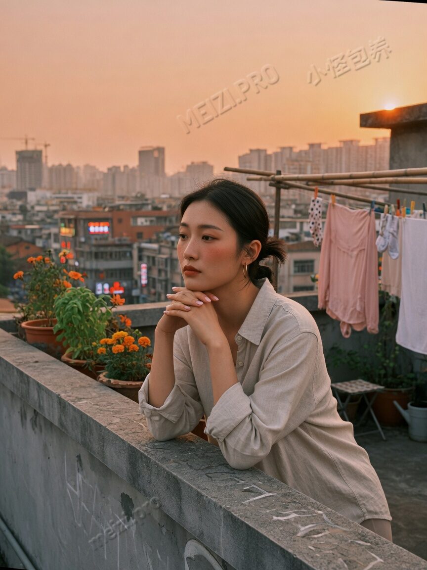 天台黄昏托腮远望的女生写真，85mm自然光