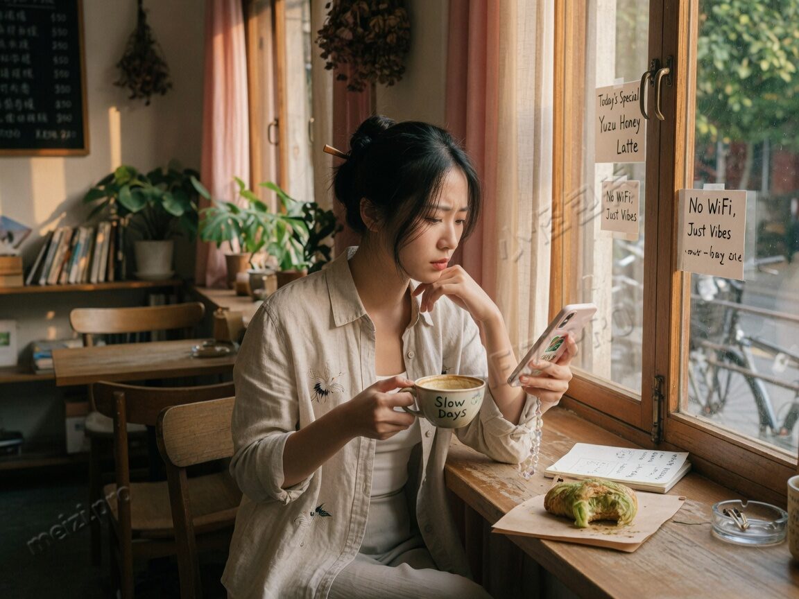 咖啡馆里低头看手机的女生写真,侧光胶片感