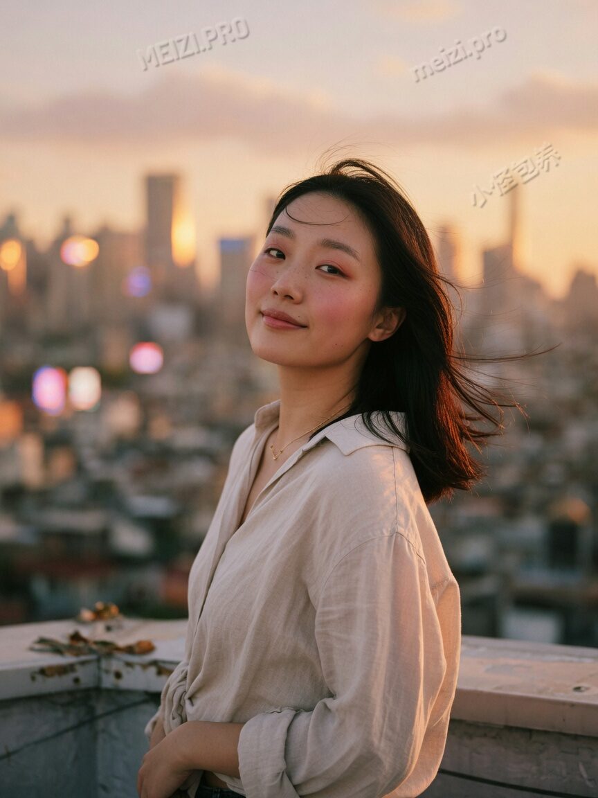 天台回望的女孩肖像