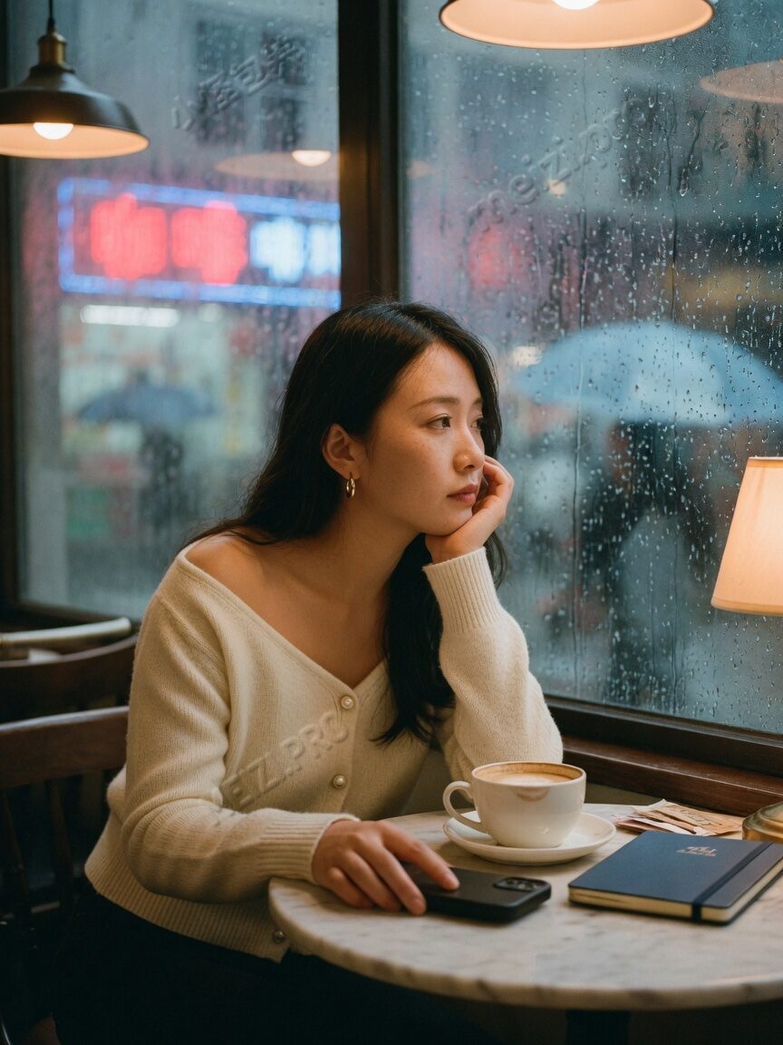 雨窗咖啡馆里的独处侧影