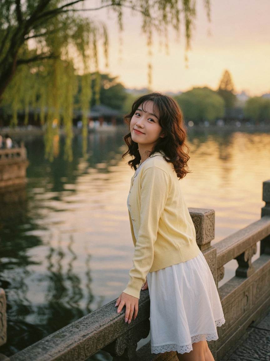 甜美气质:湖边回眸写真——轻松不等于没边界