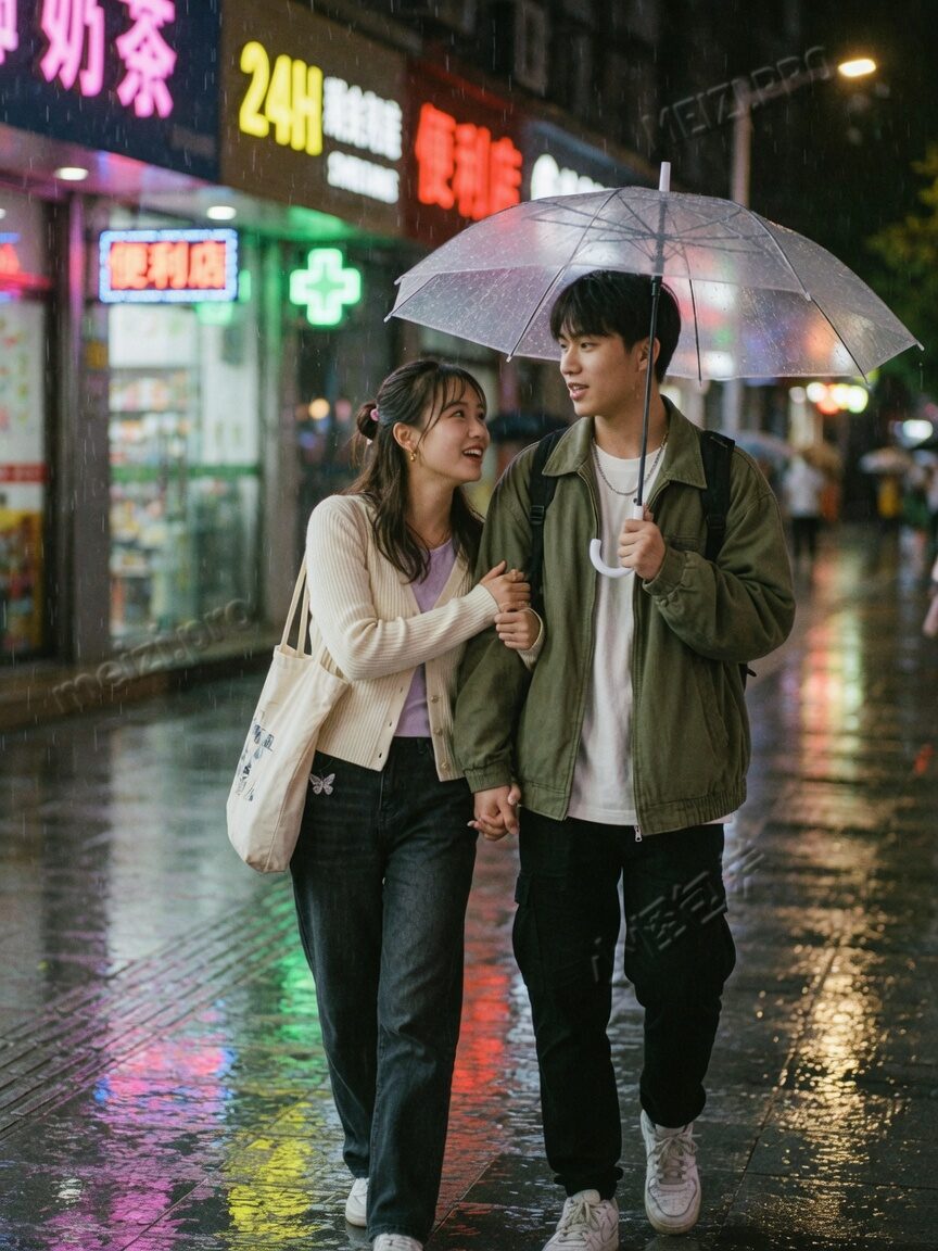 雨夜街头情侣牵手并排走，共享伞的 candid couple