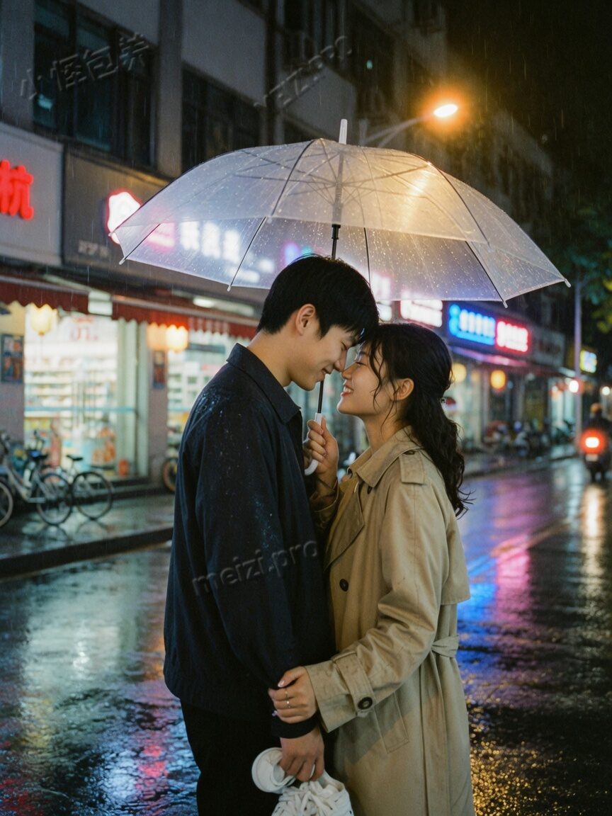 雨夜共撑伞的情侣街拍
