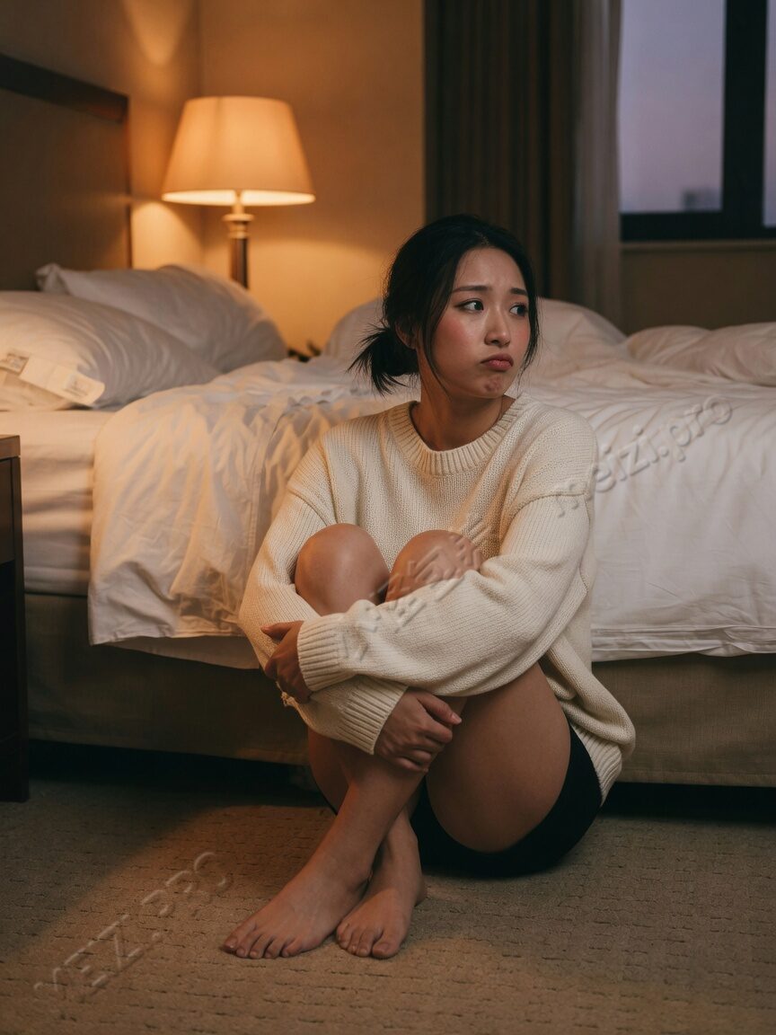做完后坐在地毯上发呆的女生