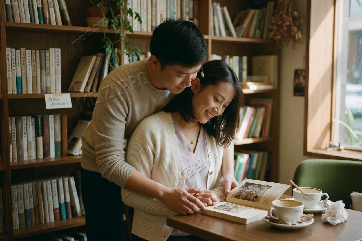 书店咖啡角，男生从身后轻轻环住女生，两人一起低头看书