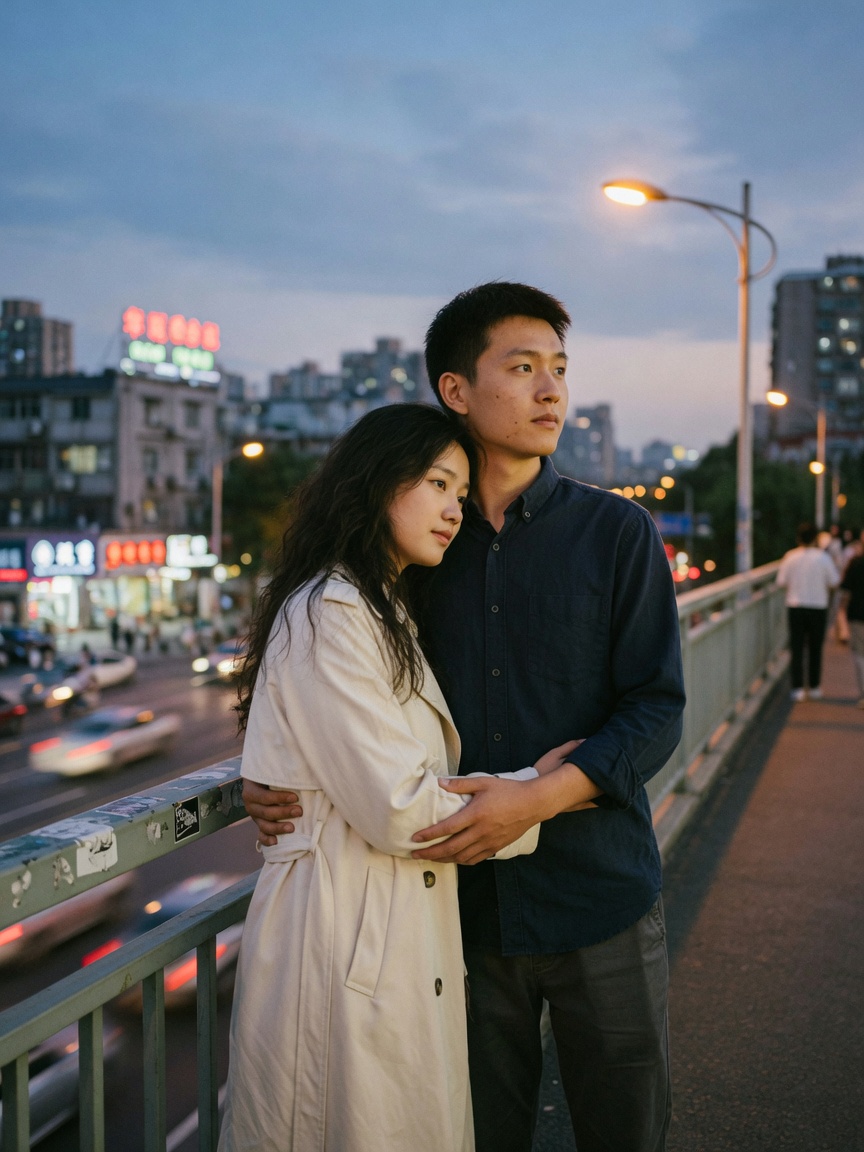 天桥上并肩的夜色
