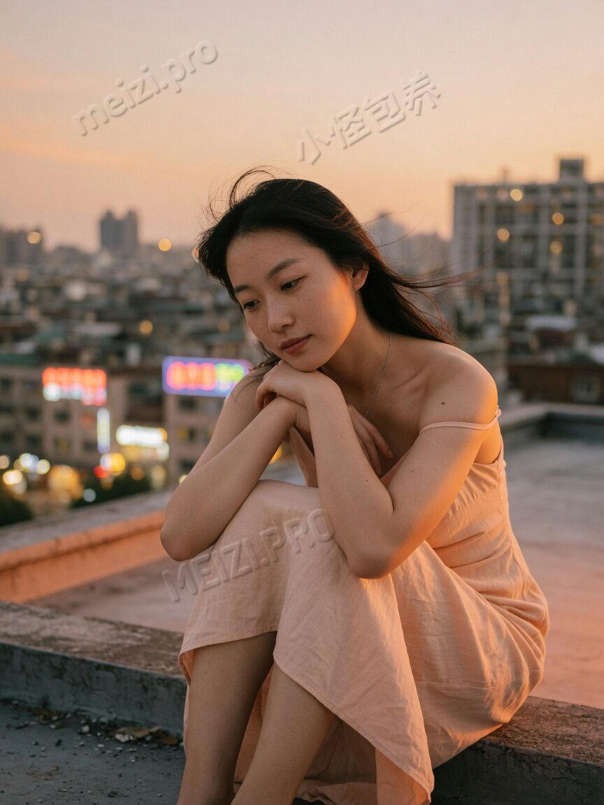天台余晖抱膝远望的女生写真，85mm自然光