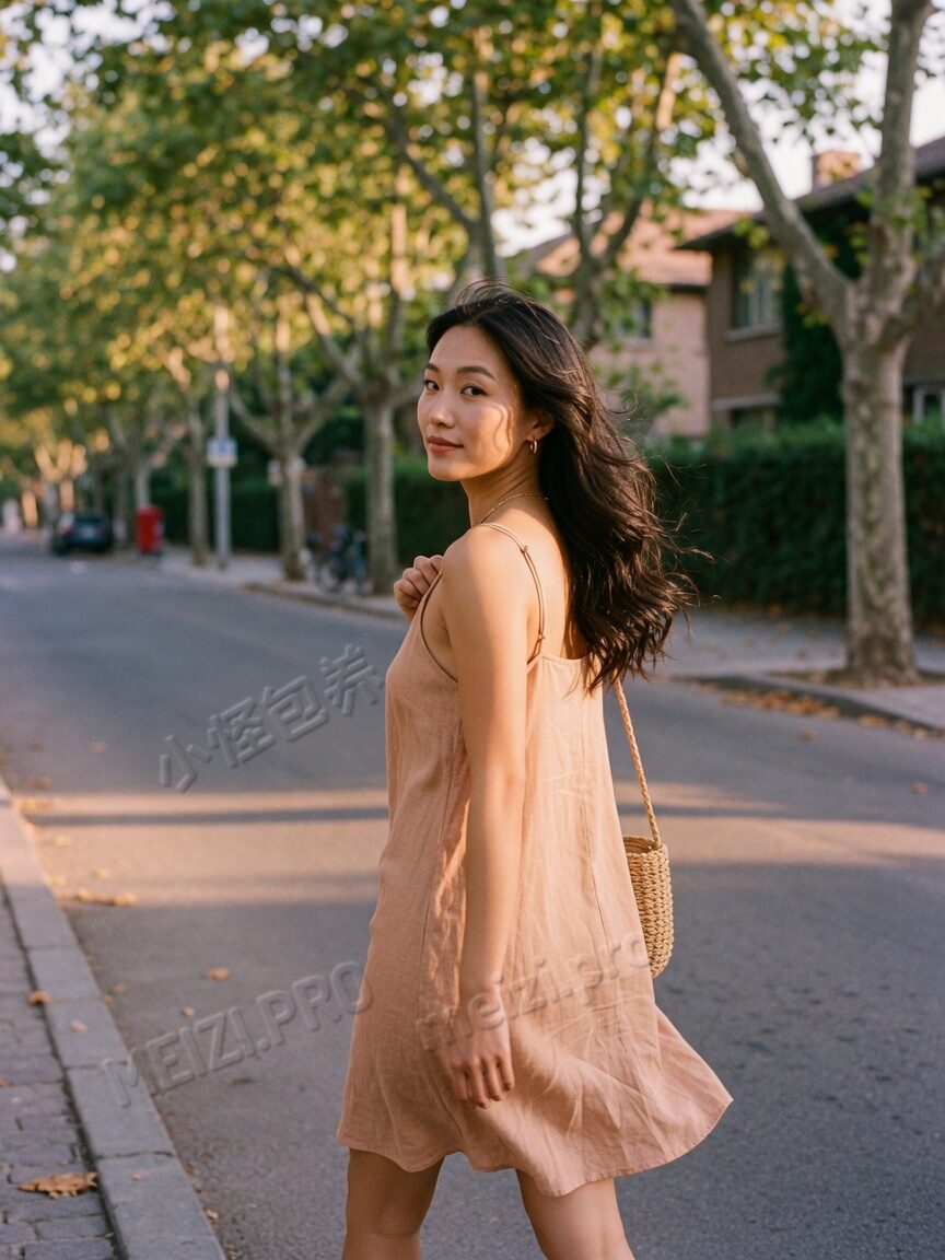 林荫道回眸走路的女生