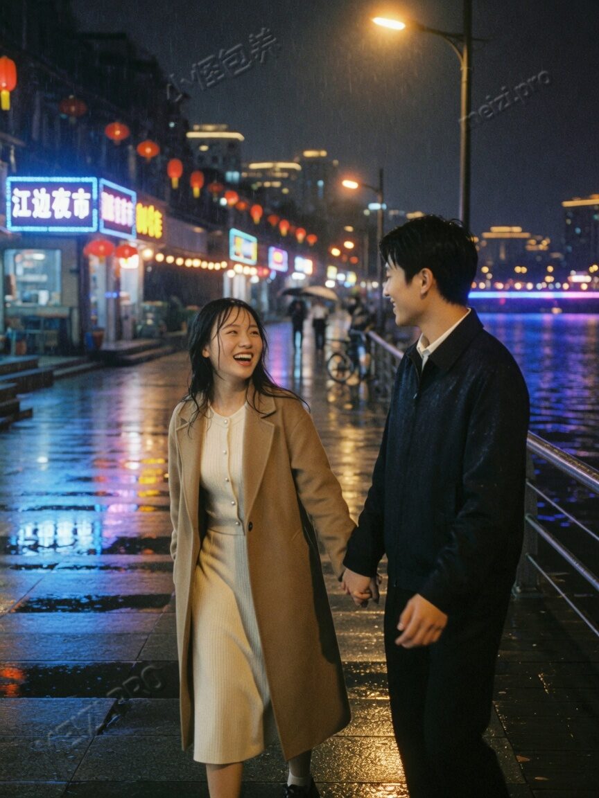 夜色河畔牵手街拍
