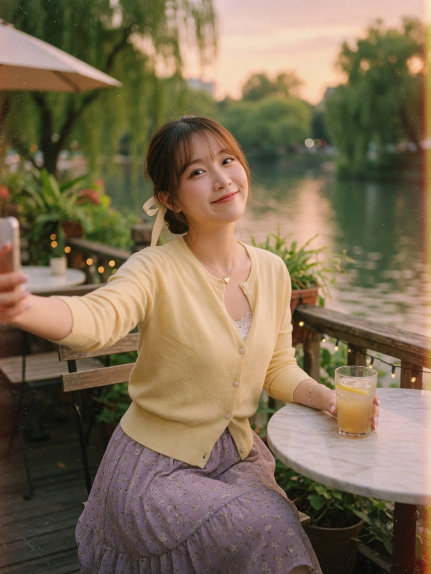 河畔咖啡外坐的甜美文静感