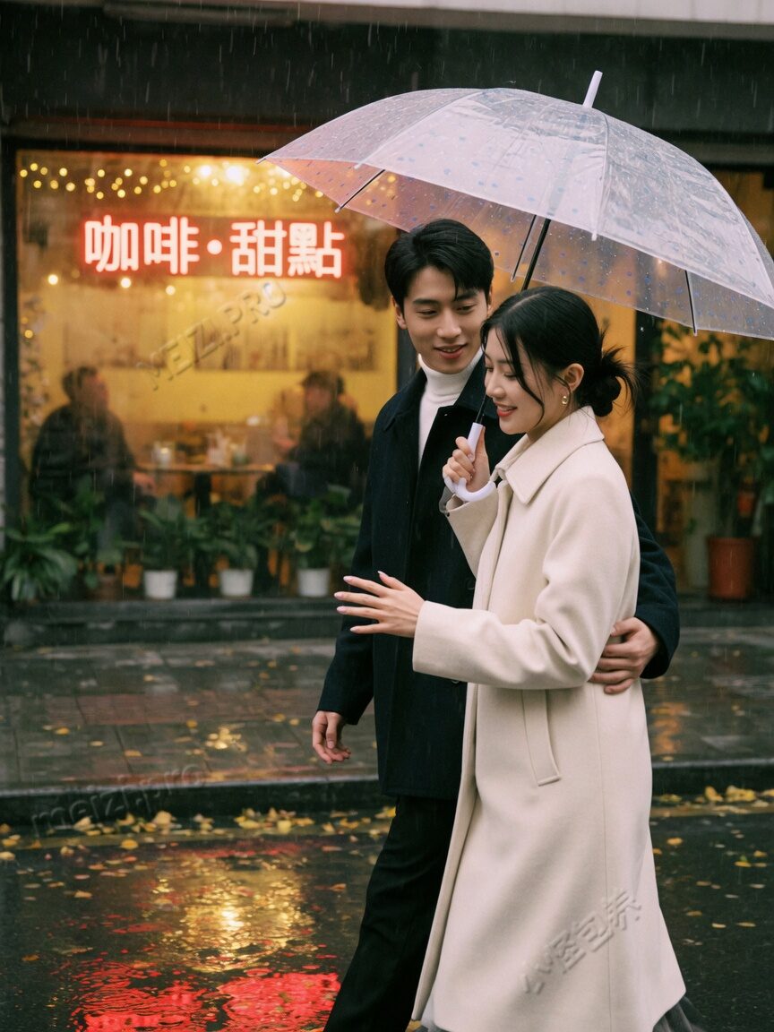雨夜街边，她的手搭在他小臂上像轻轻按下暂停