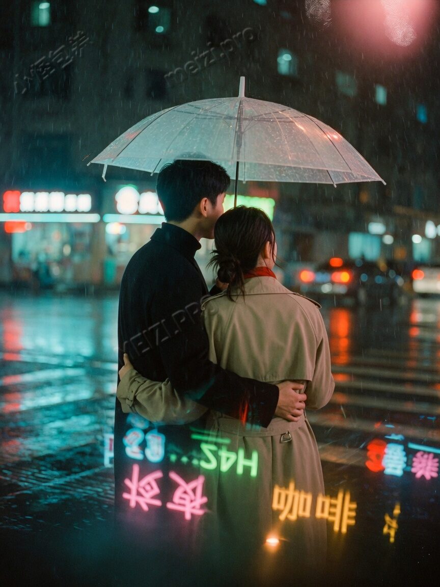 雨夜共撑伞背后抱的情侣胶片写真