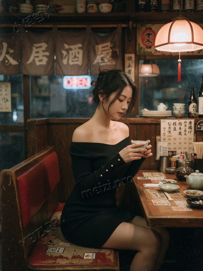 居酒屋暖光侧脸写真，像把边界谈清楚后的晚饭局