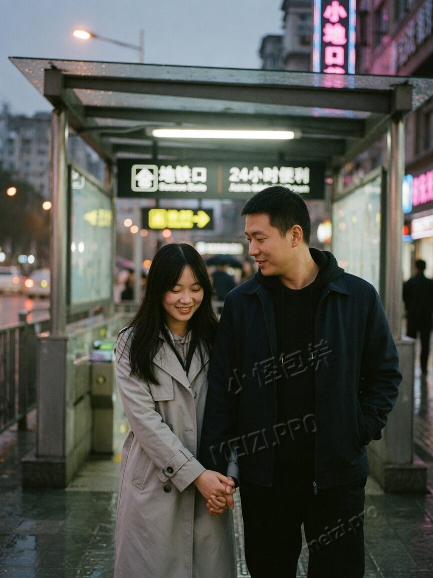 地铁口并肩走过的两个人