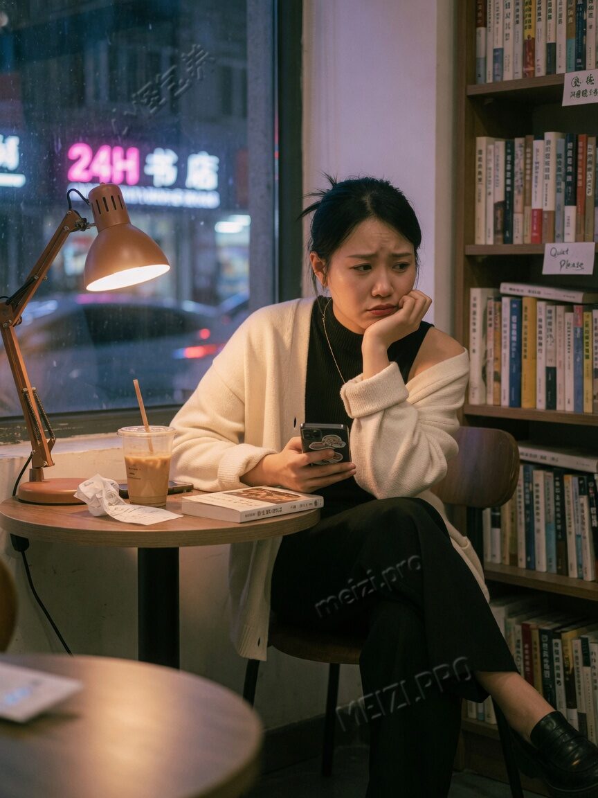 深夜书店角落托腮看手机的女生，冲突感