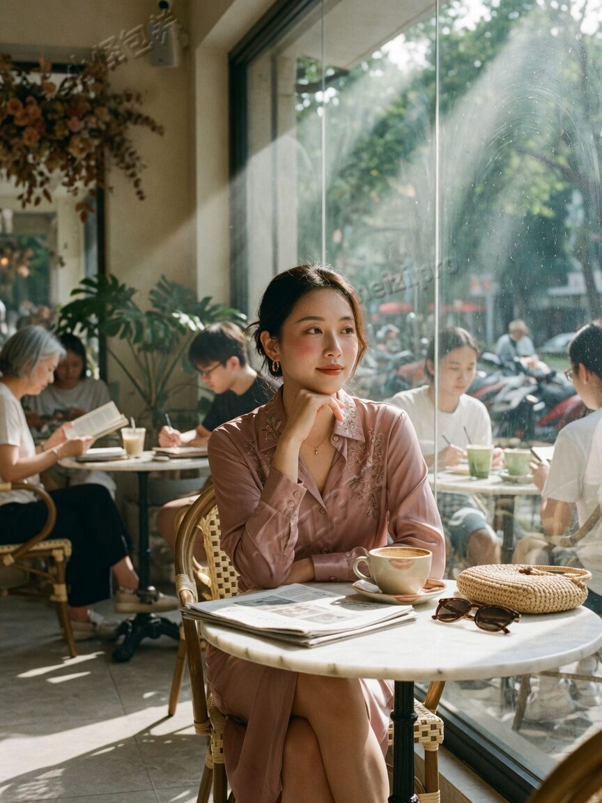 咖啡馆窗边托腮写真,晨光胶片感